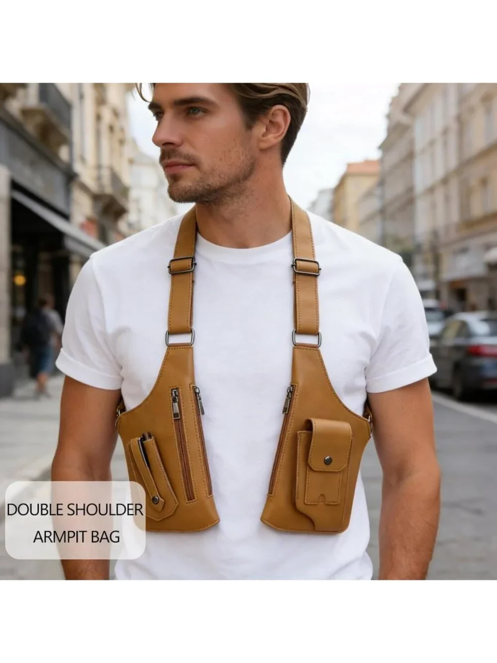 Mens Brown Chest rig Underarm Anti Theft Adjustable Pocket Double Shoulder Strap